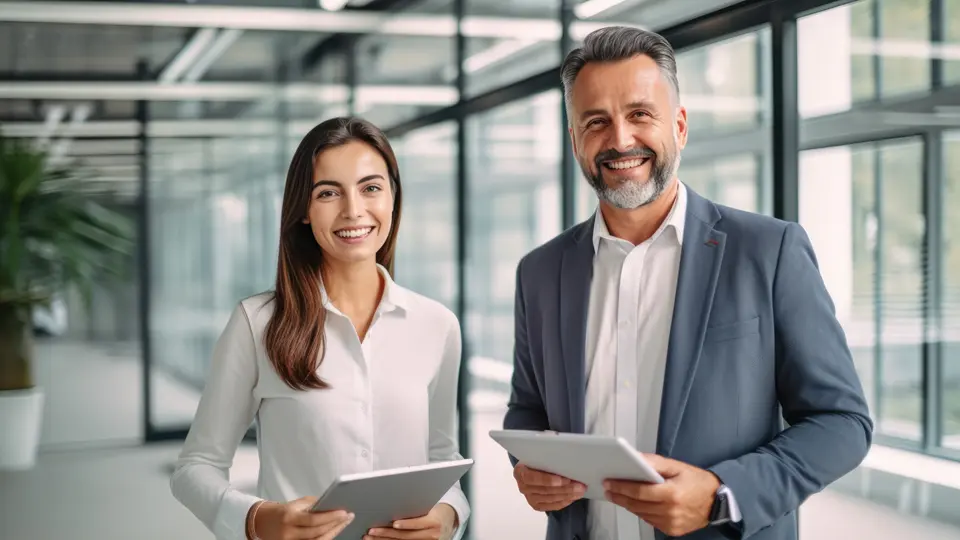 Zwei freundliche Mitarbeiter schauen in die Kamera.